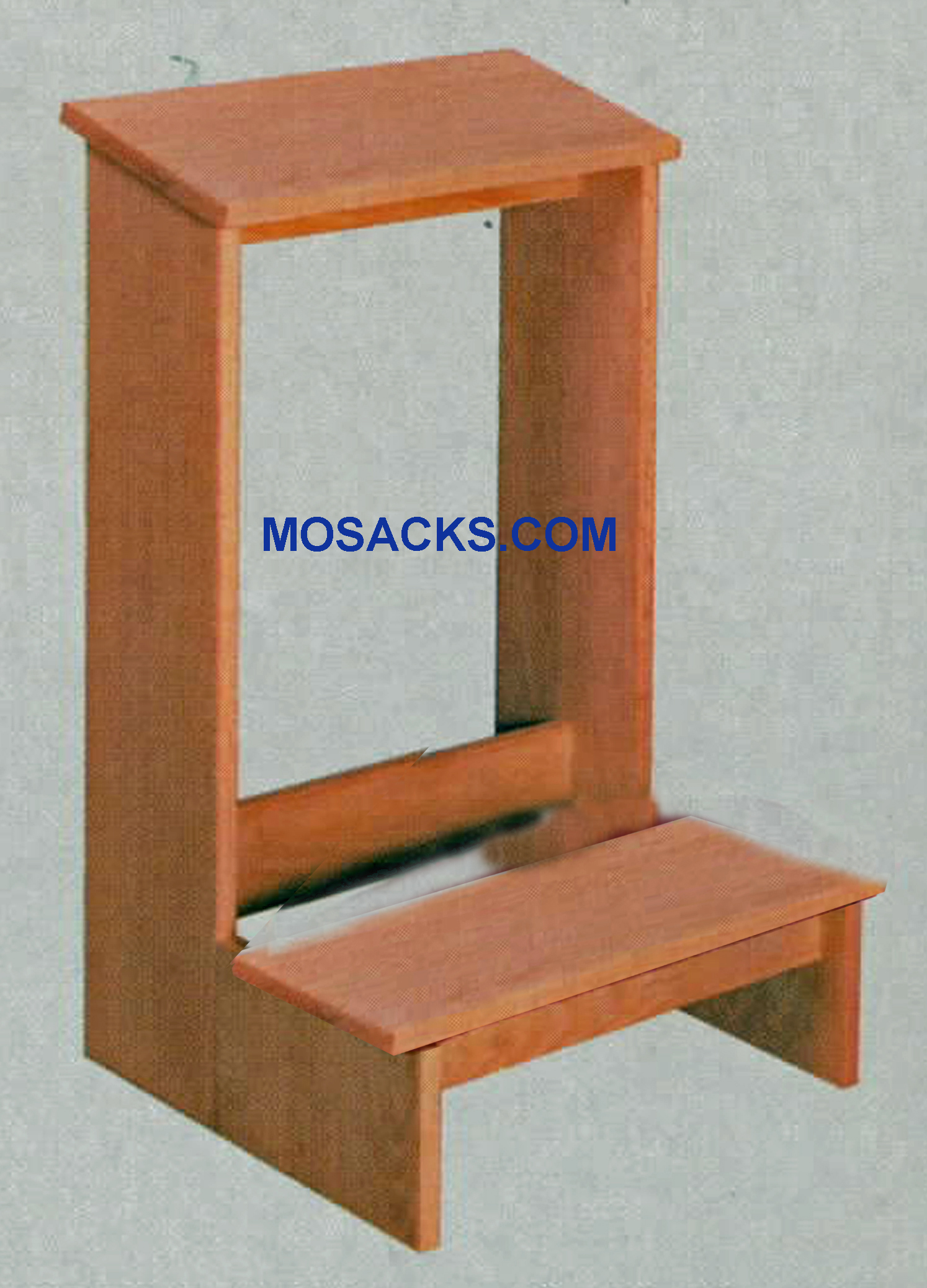 Unfinished W Brand Prie Dieu Kneeler with shelf 19" w x 19" d x 30" h #2303. This Prie Dieu Kneeler is unfinished with a wood kneeler and a slanted shelf for arm comfort.  Unfinished Prie Dieu Church Kneeler #2303