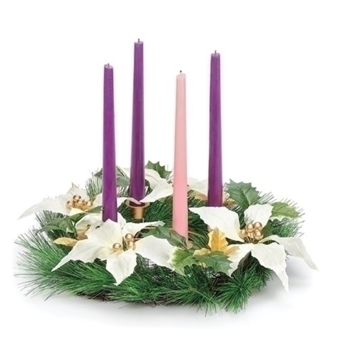 Gold Advent Wreath with Poinsettias & Pinecones