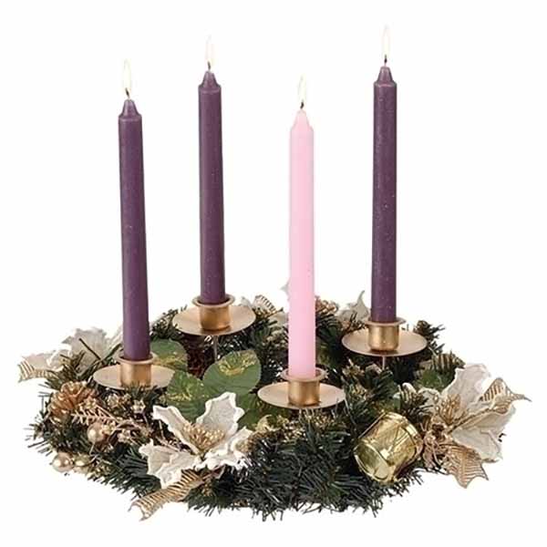 Advent Wreath, Gold Metal Frame, Poinsettias, Pinecones, Greenery #38939