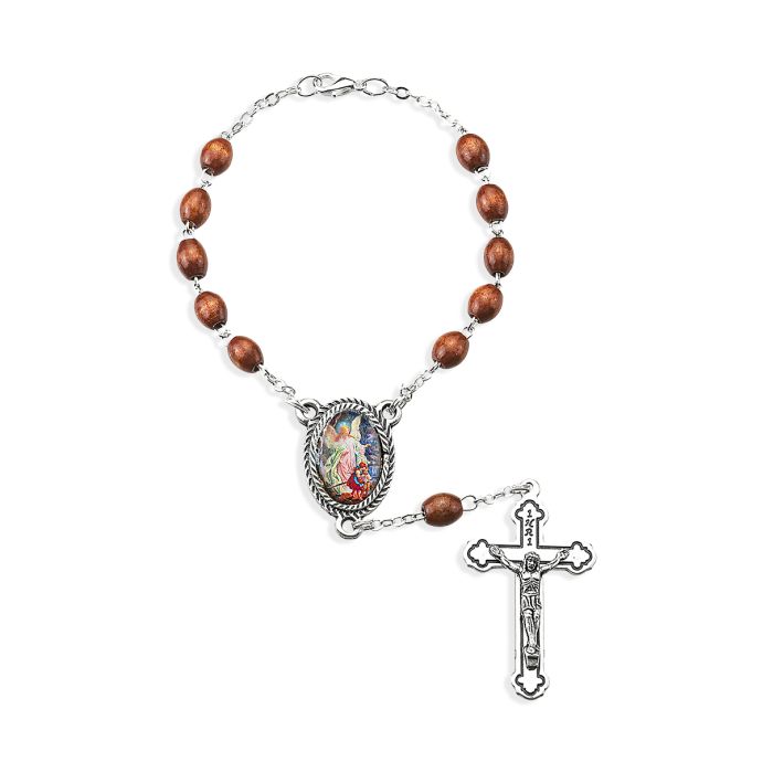 Auto Rosary Guardian Angel Brown Wood Bead 12-A41BN-350 This Guardian Angel Auto Rosary will be convenient to use as a one decade rosary, and a reminder to turn to God.