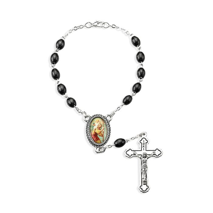 Auto Rosary St Christopher Black Wood Bead 12-A41BK-620 This St. Christopher Auto Rosary will be convenient to use as a one decade rosary, and a reminder to turn to God and be calm on the road.