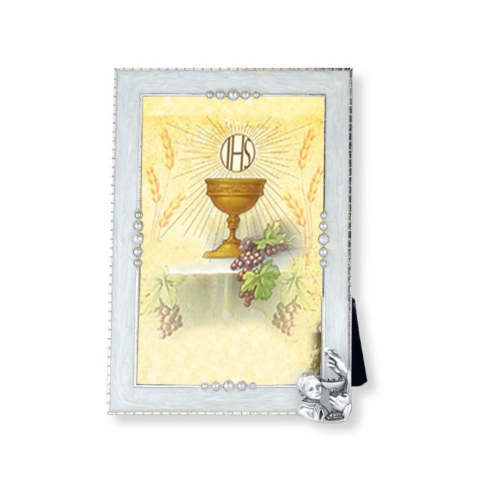 Communion Boy with Chalice on Silver Plated Pearlized Frame 12-2237-84B holds a 4" x 6” photo.   Silver Plated pearlized Communion Photo Frame is enhanced with 20 hand-set faux pearls. 