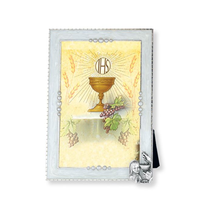 Communion Girl with Chalice on Silver Plated Pearlized Frame 12-2237-84G holds a 4" x 6” photo.   Hanging or Easel Back on the Silver Communion Frame