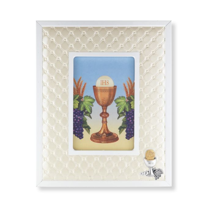Communion Padded White Leatherette Communion Photo Frame with White Metal Border for 4" x 6" Photo 12-2241-695