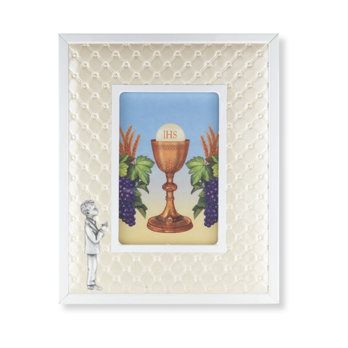 Communion Padded White Leatherette Communion Photo Frame with White Metal Border for Boy 4" x 6" Photo 12-2241-82B