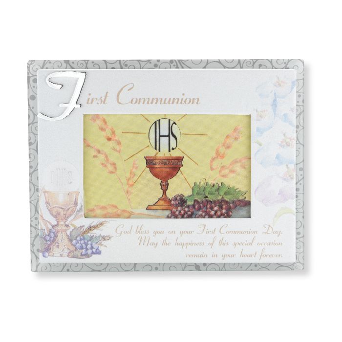 Horizontal First Communion Photo Frame 12-2218 measures 9” x 7” and holds a 4" x 6” Photo Gift Boxed