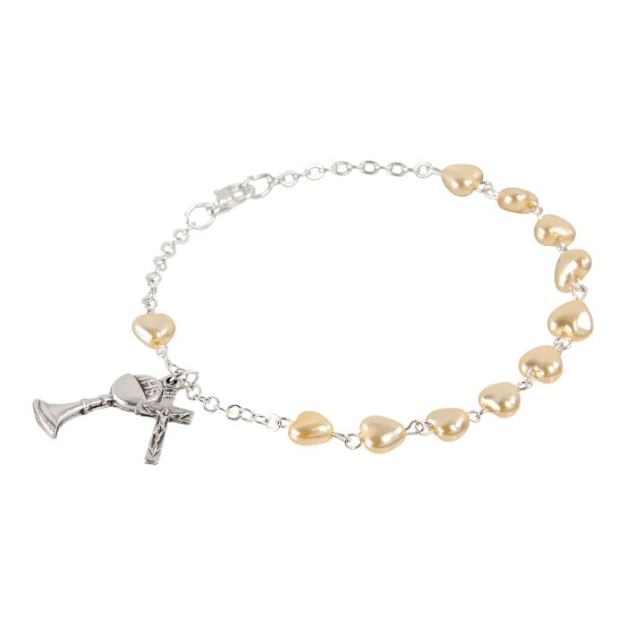 Communion Faux Pearl Heart Bead 6" Rosary Bracelet (12-C747)