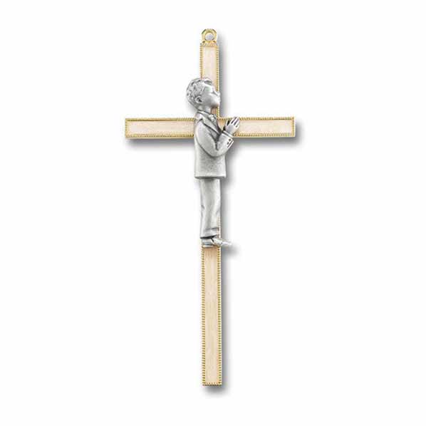 7" Pearlized Gold Plated Communion Cross with Genuine Pewter Communion Boy Figure 82B-7G9  Gift Boxed