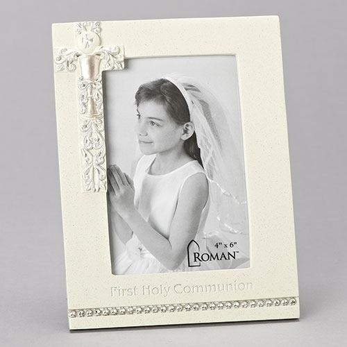 First Holy Communion Frame with White Cross and Chalice Design holds a 4" x 6" photo, Communion Frame 64894