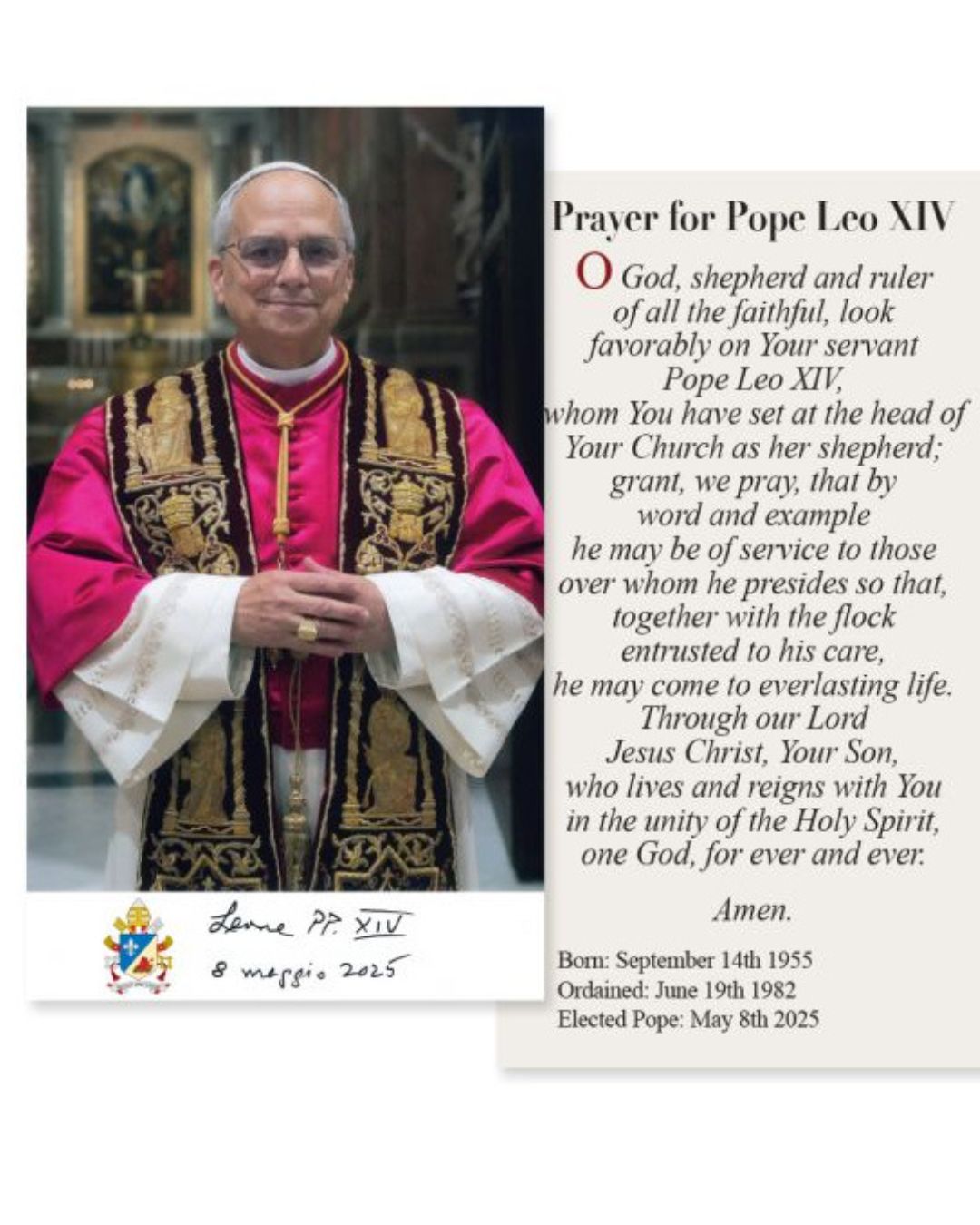 3x5 Pope Leo XIV Official Portriat PAPER Praying Card In English (50)