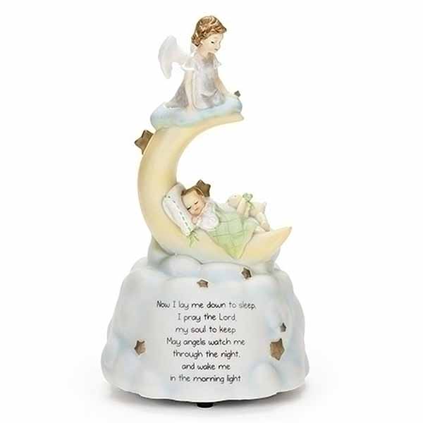 62123 "Sweet Dreams" Musical Figurine of baby asleep on the moon resting on the clouds with an angel on top of the moon watching the baby.  The "Now I lay me down to sleep" prayer is on the clouds