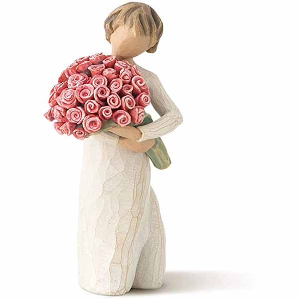Willow Tree Figurine, Abundance: So Much Love!  5.5 "High 27181.  This is a figurine of a young girl holding a huge bouquet of roses, Abundance 27181