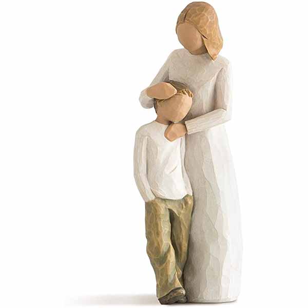 Willow Tree Figurine Mother and Son: Celebrating the bond of love between mothers and sons, 8" High 26102.  Willow Tree figure of a mother looking upon her son with one hand on his shoulder and the other on his head 26102 FREE SHIPPING WITH $100. ORDERS