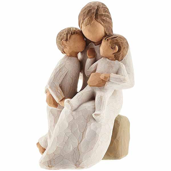 Willow Tree Figurine, Quietly: Quietly encircled by love, 5" High 26100. This is a figurine of a mother sitting on a stool with a small child at her side and holding a baby  FREE SHIPPING WITH $100. ORDERS