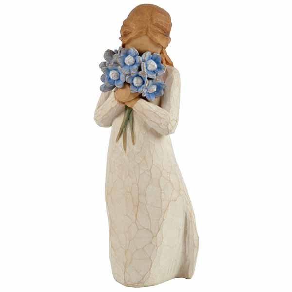 Willow Tree Figurine, Forget-me-not: Holding thoughts of you closely, 5" High 26454. This is a figurine of a young girl holding a bunch of Blue Forget-me-not flowers 